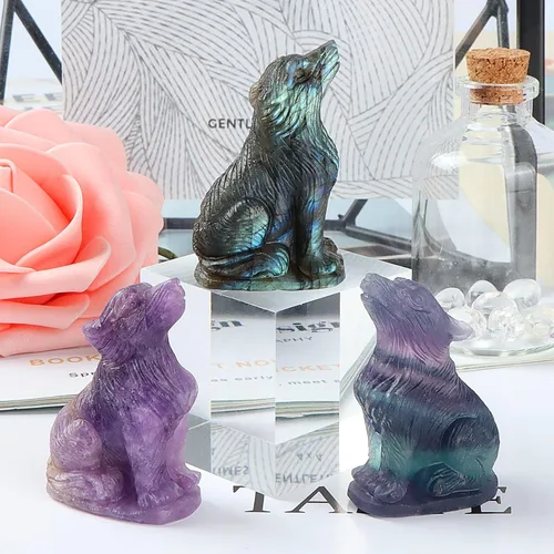 Vista 4 de Estatua de lobo de cristal de amatista de 2 pulgadas, estatua de lobo tallado, escultura de lobo tallado, decoración de regalos