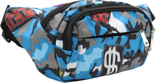 Vista 2 de AIBEARTY Riñonera para niños, pequeña, de camuflaje, con correa ajustable, para correr, acampar, viajes, B Azul