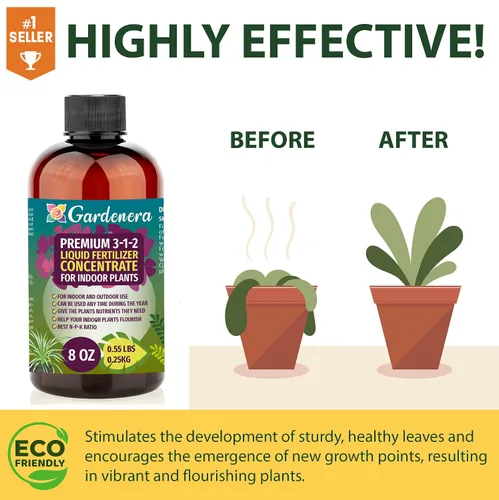 Vista 2 de GARDENERA Fertilizante Líquido Concentrado Multiusos Premium 3-1-2 para Todas las Plantas y Flores de Interior - Promueve el Crecimiento de Biomasa