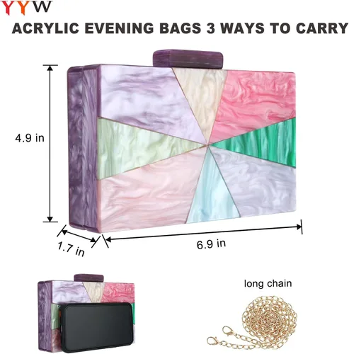 Vista 2 de YYW Monederos de mano de acrílico para mujer de boda bolso cruzado de noche multicolor con cadena desmontable