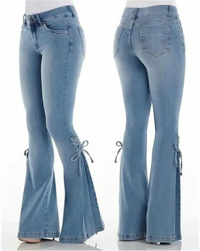 Vista 4 de Andongnywell - Pantalones de mezclilla acampanados con cordones para mujer, cintura media, pierna ancha, corte de bota, pantalones de mezclilla