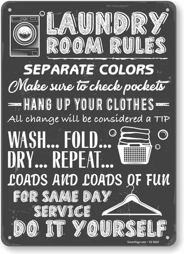 Vista 11 de SmartSign Letrero de metal para lavandería con texto en inglés «Laundry Room Rules – Remove Clothes, Be Clean», 14 x 10 pulgadas, aluminio laminado