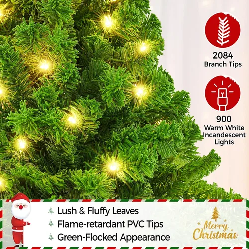 Vista 4 de Yaheetech - Árbol artificial de Navidad preiluminado de 9 pies con luces incandescentes de color blanco cálido, árbol de Navidad preiluminado Verde