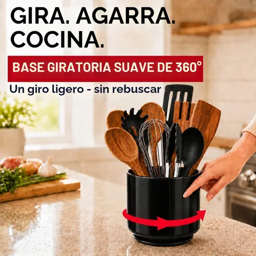 Vista 2 de Cooler Kitchen Portautensilios Jumbo Extra Grande Resistente Giratorio Negro con Base Pesada Antivuelco e Inserto con Agarre - A Prueba de Óxido