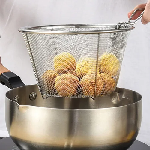 Vista 7 de YARNOW Cesta plegable de acero inoxidable de 10.23 pulgadas con mango largo ergonómico para freír profundamente el aceite y colar alimentos