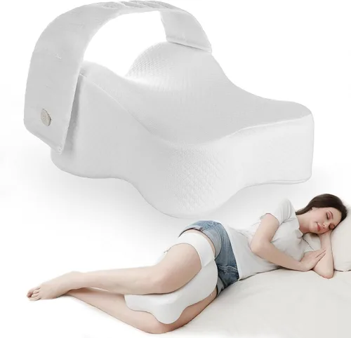 Vista 7 de Almohada de rodilla de embarazo para personas que duermen de lado con correa, almohada de espuma viscoelástica para piernas para aliviar el dolor