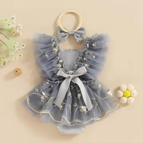Vista 3 de Comoraecos Vestido mameluco de encaje floral para bebé, vestido de princesa con bordado de tutú y mangas para atar, sin espalda, vestido de princesa