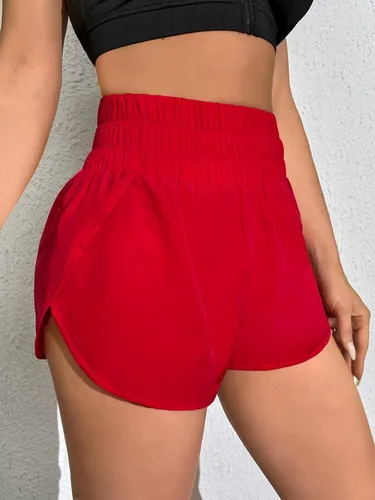 Vista 6 de Cozyease Pantalones cortos deportivos con dobladillo de tulipán para mujer, pantalones cortos lisos y casuales de cintura alta