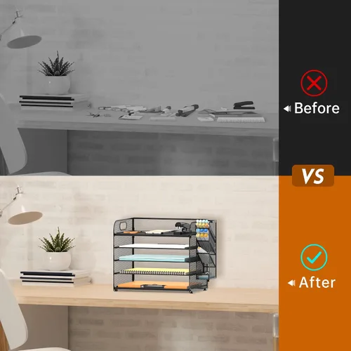 Vista 6 de SUPEASY Organizador de escritorio de 5 niveles con asa y soportes extraíbles para bolígrafos, organizador de papel de malla/archivos para Negro
