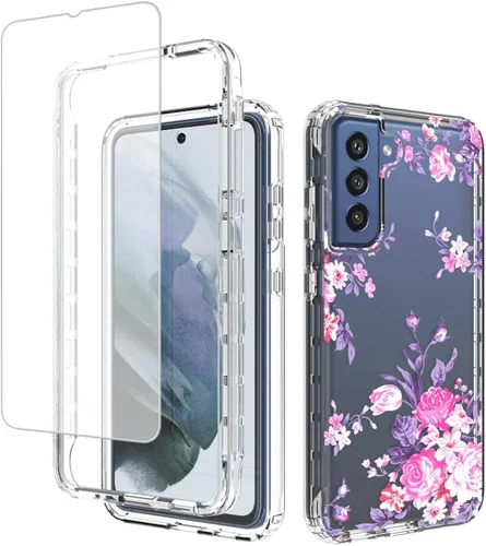 Vista 9 de Funda para Galaxy S21 FE, SM-G990U con protector de pantalla de vidrio templado, diseño floral a prueba de golpes, carcasa protectora de cuerpo