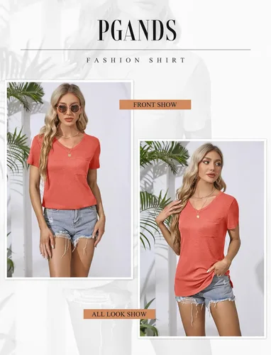 Vista 4 de PGANDS Camisetas de verano para mujer, cuello en V, manga corta, casual, básica, ajuste holgado