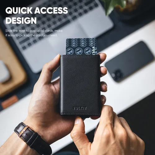 Vista 3 de VULKIT Cartera plegable de piel auténtica con compartimento para billetes, ventana de identificación y bolsillo para monedas, Negro