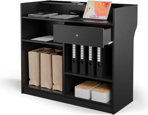 Vista 3 de Mueble de melamina para caja registradora, color negro, con estantes ajustables, cajón, y superficie para llenar cheques.