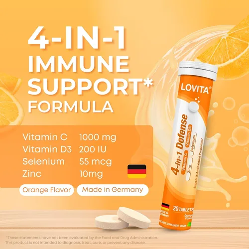 Vista 2 de LOVITA Comprimidos efervescentes de apoyo inmunológico 4 en 1 de defensa de vitamina C, 20 unidades, VIT D3, zinc, selenio, soporte antioxidante