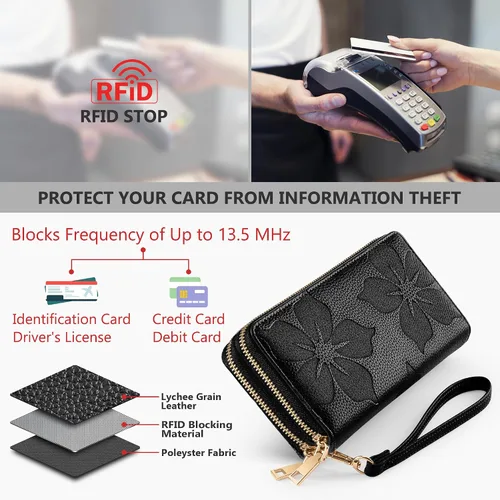 Vista 4 de Espera Cartera de mujer con bloqueo RFID de gran capacidad, tarjetero con doble cremallera, de cuero, con cartera para mujer con correa