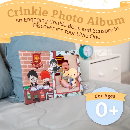 Vista 4 de Kids Preferred Harry Potter Álbum de recuerdos de fotos de bebé arrugado suave libro sensorial con capacidad para 3 fotos de 4 x 6 pulgadas con tela