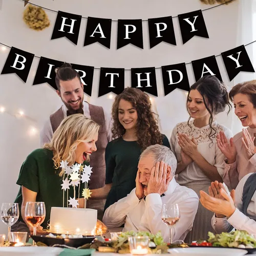 Vista 4 de Hooqict Cartel de feliz cumpleaños negro para telón de fondo, decoraciones de cumpleaños negras para hombres y mujeres, suministros de fiesta
