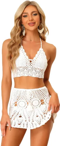 Vista 12 de Allegra K Conjunto de bikini de 2 piezas para mujer, top con huecos, minifalda, verano, playa, conjuntos de punto de ganchillo