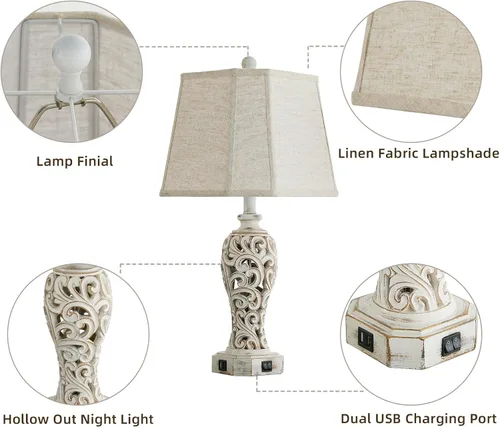 Vista 7 de Lámpara de mesa de granja de 25 pulgadas para sala de estar y dormitorio, lámpara de noche de diseño rústico vintage con 2 puertos USB y luz