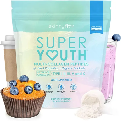 Vista 9 de SkinnyFit - Colágeno súper juvenil para mujeres - Polvo de péptidos de colágeno múltiple - Probióticos, fibra, ácido hialurónico - Sin OMG, sin