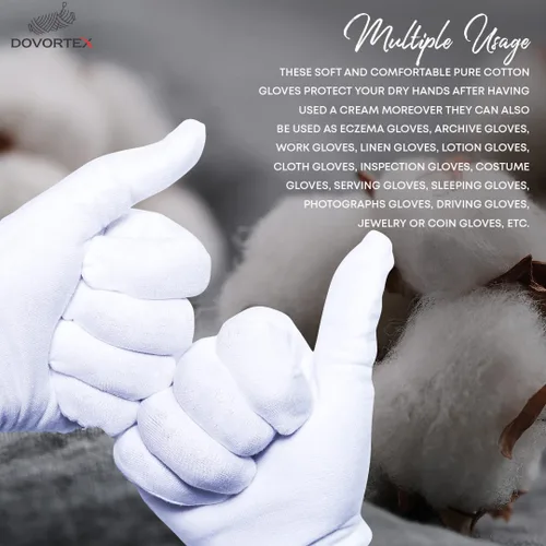 Vista 2 de DOVORTEX - 12 guantes de algodón blanco para eczema, manos secas, hidratación, manejo de monedas e inspección de joyas