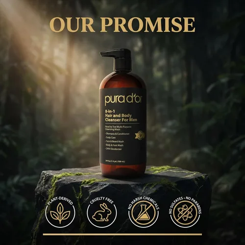 Vista 5 de PURA D'OR Limpiador de cabello y cuerpo 8 en 1 de 24 onzas para hombres, sin sulfatos, lavado multiusos para cabello, cara, barba y cuerpo, con aloe