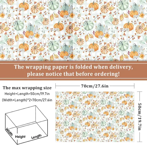 Vista 2 de Whaline 12 hojas de papel de regalo de calabaza de otoño, bohemio, pastel, calabaza, camión, papel de regalo, a cuadros blancos cian, manualidades