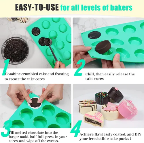 Vista 5 de Webake Juego de moldes para pasteles de 2 tamaños diferentes, moldes de silicona de 12 cavidades para postres cubiertos de chocolate, pastel plano