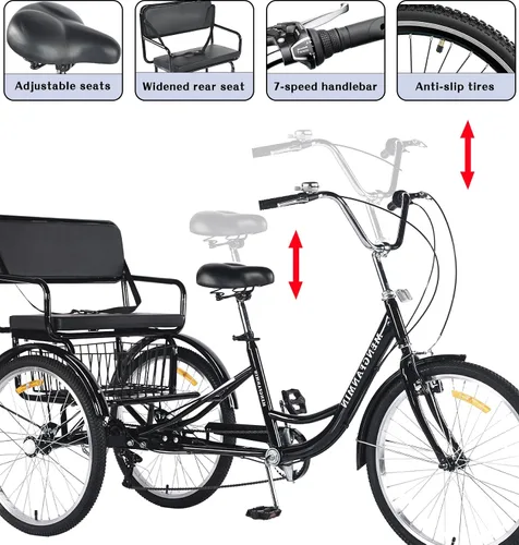 Vista 2 de Triciclo para adultos de 7 velocidades, triciclo para adultos con asiento trasero para damas, bicicletas de 3 ruedas de 24 pulgadas, triciclo