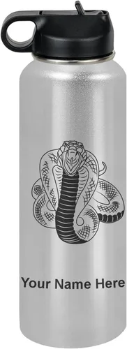 Vista 14 de LaserGram Botella de agua personalizada, serpiente de cobra, acero inoxidable de doble pared aislada al vacío con popote superior, regalo grabado