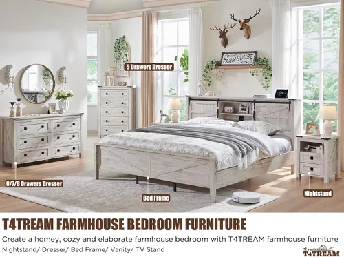 Vista 5 de T4TREAM Farmhouse 6 Cajones Cómoda para Dormitorio, Cómoda de Madera Rústica Ancha, Organizador de Cómodas de Almacenamiento para Dormitorio, Sala