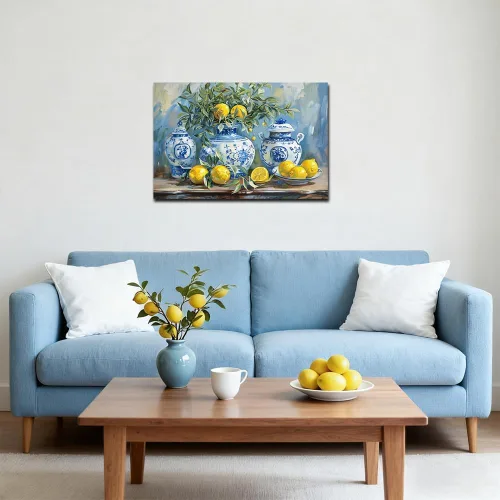 Vista 5 de SWQYLB Arte de pared de limón para cocina, cuadro vintage de frutas cítricas, impresiones en lienzo amarillo limón con cerámica azul, pintura