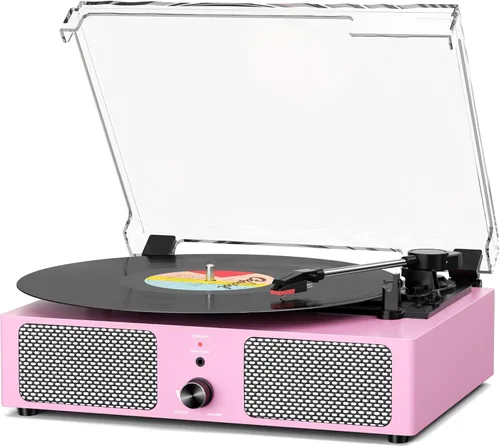 Vista 13 de Tocadiscos de vinilo con receptor Bluetooth integrado y 2 altavoces estéreo, 3 velocidades y 3 tamaños, tocadiscos retro portátil para Amarillo