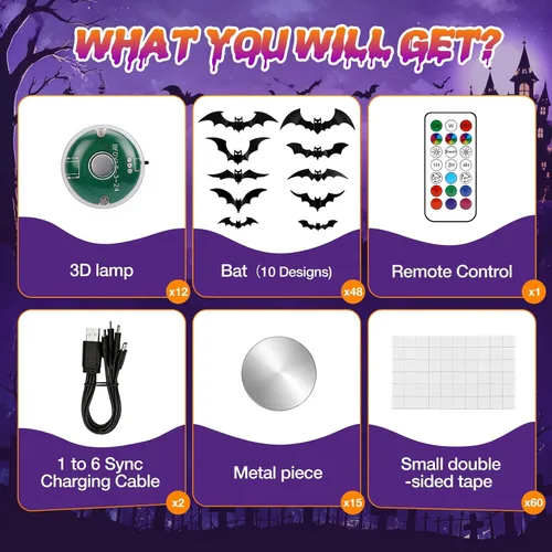 Vista 3 de LUDILO 48P Bats Halloween Decorations + 12P Rechargeable Lights with Remote
