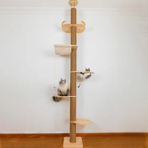 Vista 10 de Árbol para gatos del piso al techo con poste rascador de cuerda de sisal natural, altura ajustable (55-119 pulgadas), árbol de actividades