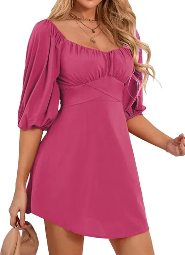 Vista 3 de Umenlele Vestido corto casual para mujer, cuello cuadrado, fruncido, lazo en la espalda, media manga, acampanado