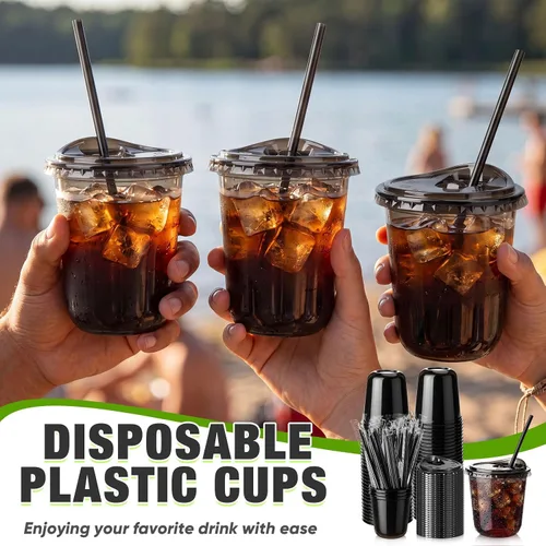 Vista 7 de Ziliny Paquete de 50 vasos de plástico transparente negro de 12 onzas con tapas y popotes, vasos desechables para mascotas, taza de café helado
