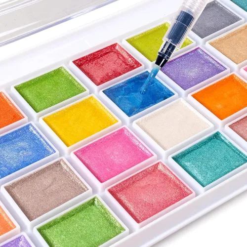 Vista 4 de Pintura de acuarela, 28 colores metálicos, lavable, juego de pintura de acuarela con un pincel, un bolígrafo y paleta de pincel de agua recargable
