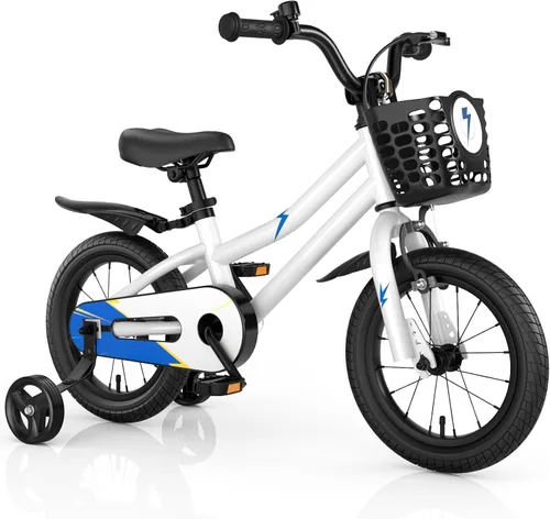 Vista 16 de HONEY JOY Bicicleta para niños, 12, 14, 16, 18, 20 pulgadas, con ruedas de entrenamiento y freno de mano, marco de acero, cadena totalmente cerrada
