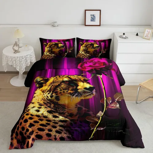 Vista 11 de Erosebridal Juego de ropa de cama de guepardo con rosa azul, juego de edredón con estampado de leopardo y gato, edredón romántico de plumón