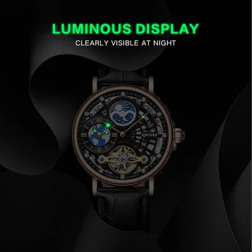 Vista 4 de IK COLOURING Tourbillon - Reloj de pulsera mecánico automático de esqueleto de lujo para hombre, con frase lunar, manecillas luminosas, reloj