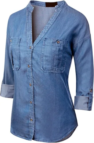 Vista 2 de MixMatchy Blusa de manga larga con cuello dividido y botones Tencel para mujer