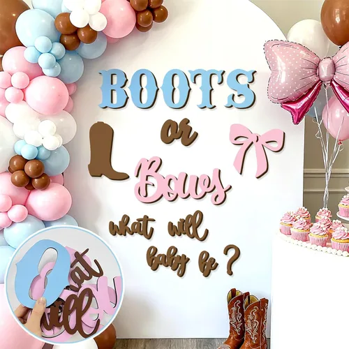 Vista 9 de Adhesivos de madera para señalización de revelación de género, arco de globos "¿Qué será el bebé?", botas o lazos, suministros de decoración