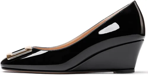 Vista 2 de WAYDERNS Zapatos de vestir de noche de tacón bajo con hebilla de metal dorado y puntera cuadrada para mujer, zapatos de vestir de noche de 2 pulgadas