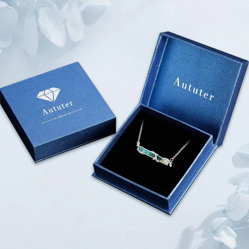 Vista 7 de Aututer Collar de barra horizontal de plata de ley con colgante de barra de hoja de ópalo blancoazulverde, regalo de joyería de ópalo para mujeres