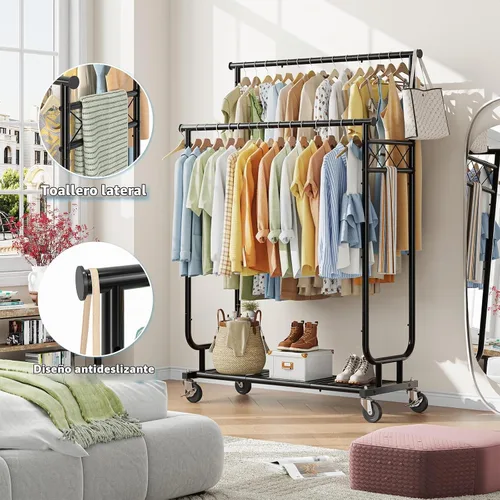 Vista 5 de Estante para ropa Ekisemio con capacidad de carga de 450LBS, estante resistente para ropa con ruedas, estantes enrollables para colgar ropa