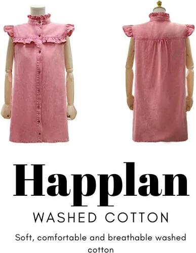 Vista 6 de happlan Vestido de mezclilla con botones y cuello de loto desgastado para mujer