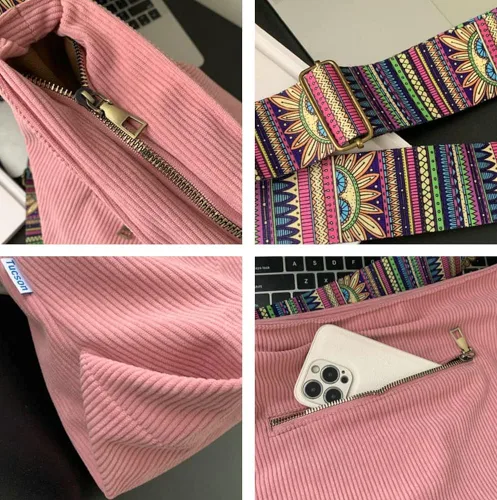 Vista 6 de Bolso de mano de pana para mujer, bolso de hombro grande, bolso elegante casual, bolso de pana, bolso de viaje para el trabajo