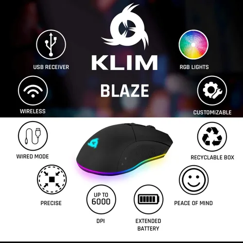 Vista 2 de KLIM Blaze - Mouse inalámbrico recargable para juegos RGB nuevo 2022 sensor de alta precisión y batería de larga duración 7 botones