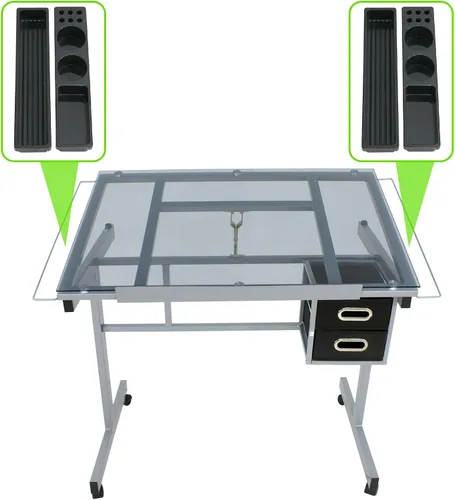 Vista 5 de LEMY Mesa de dibujo ajustable inclinable, escritorio de dibujo para artistas con cajones de almacenamiento y ruedas deslizantes, estación